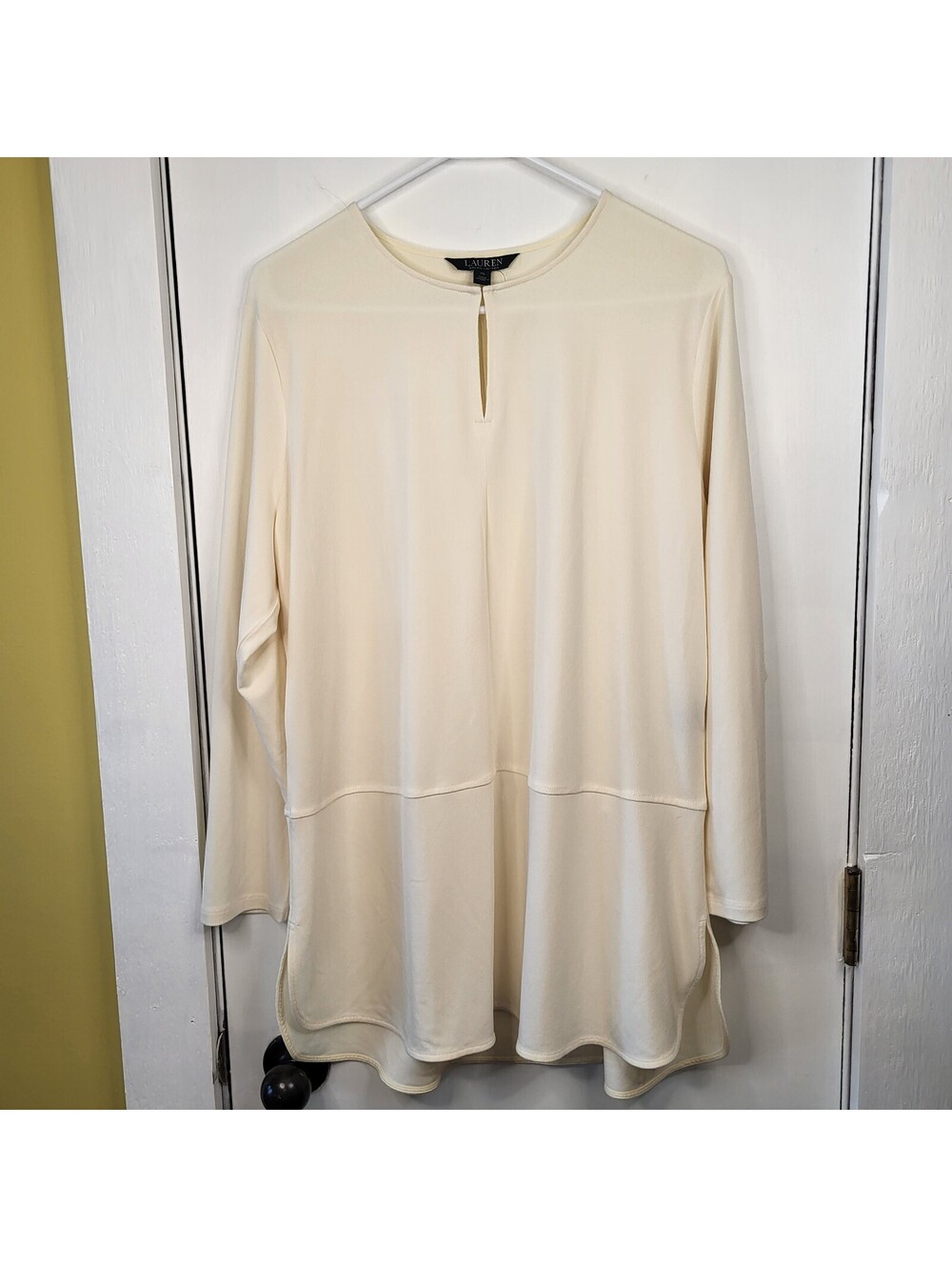 Ralph Lauren women's XL top cream long sleeve keyhole tunic slit sides hem